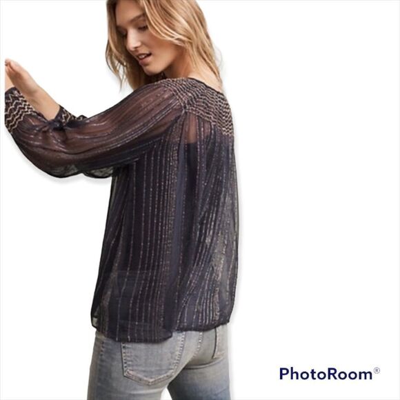 Anthropologie Love Sam metallic threads sheer bohemian peasant top - Picture 1 of 8